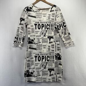 Vintage Newspaper Print Dress Women's XL White Cacia All Over Hollywood USA 90s